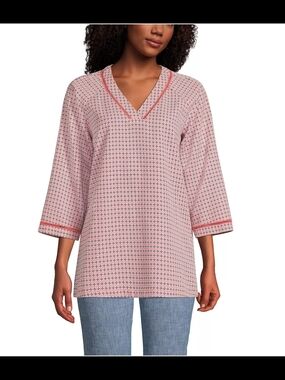 Lands' End Wrinkle Free Top Women's 14-16 L Orange Blue Tile Geo Coastal Prep